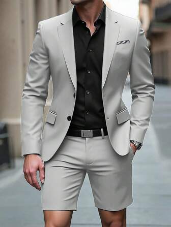 Manfinity Mode 男士休闲通勤缺口翻领单排扣西装外套和短裤套装