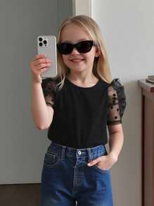 SHEIN Young Girl Contrast Dobby Mesh Puff Sleeve Blouse, Filipiniana Terno