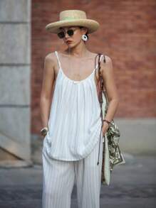 DAZY Ensemble de 2 pièces pour femmes, débardeur rayé et pantalon ample à jambes larges. Ensemble de détente color block pour femmes, shorts pour femmes - Blanc - Voir 3