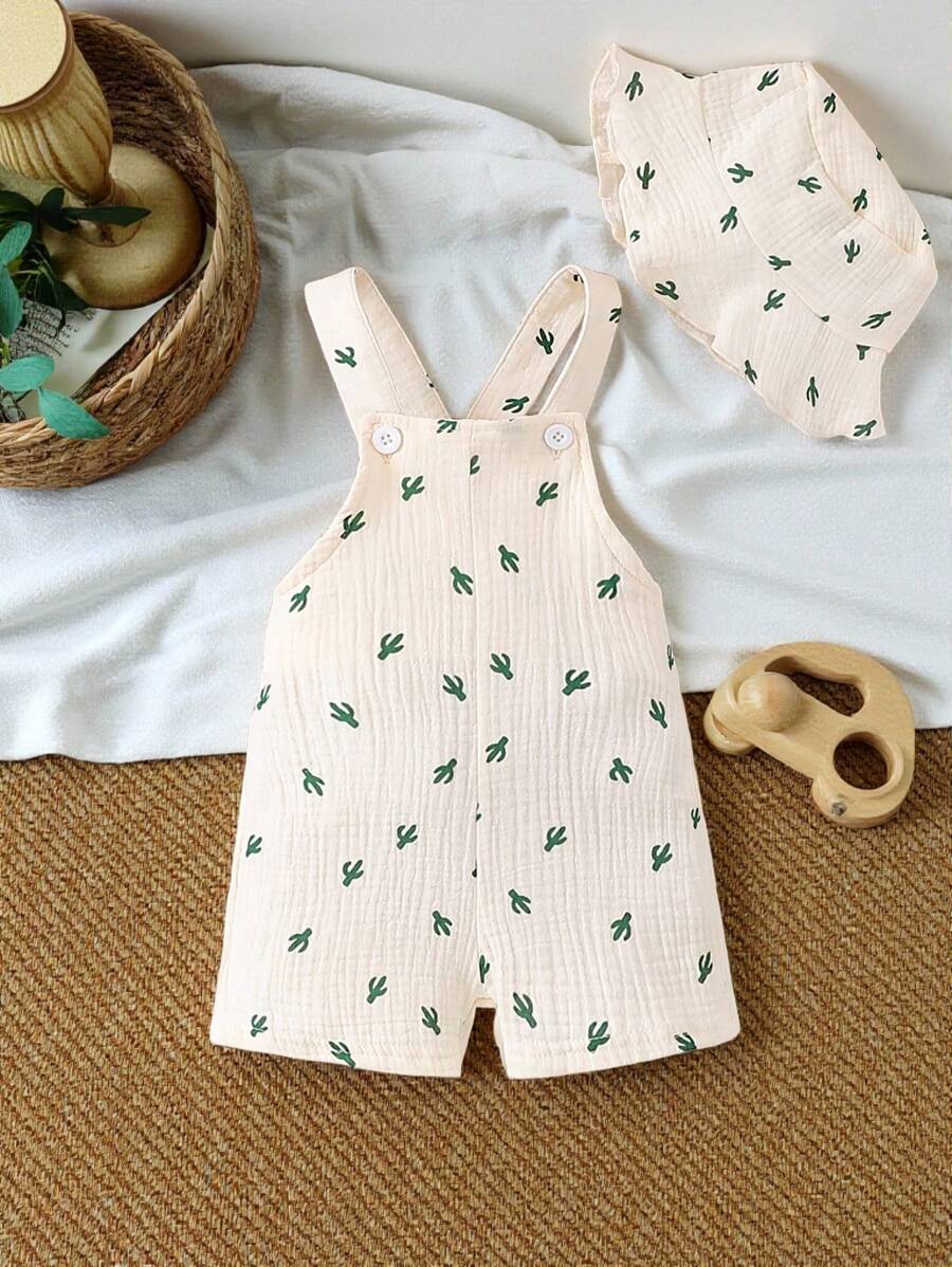 SHEIN Vintaside Kids Baby Boy Cactus & Tropical Plants Print Romper With Suspenders Shorts And Hat For Summer