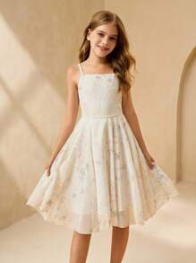 SHEIN Tween Girl Elegant Floral Print Cami Dress, Sleeveless High Waist Chiffon Dress For Summer, Apricot