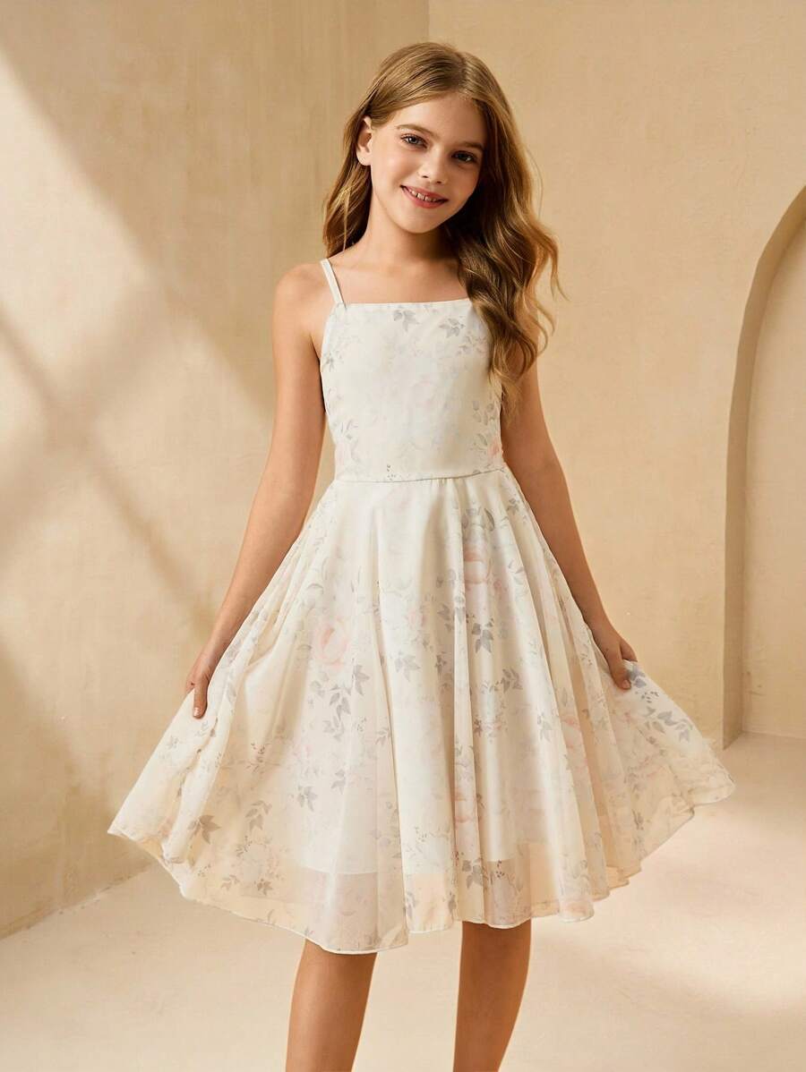 SHEIN Tween Girl Elegant Floral Print Cami Dress, Sleeveless High Waist Chiffon Dress For Summer, Apricot