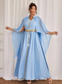 Cravure Vestido con escote en V, mangas tipo poncho, cintura ceñida y ribete dorado para tallas grandes con bordado