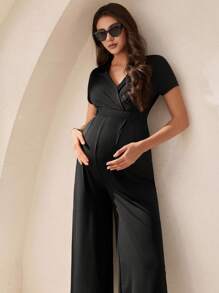 MaterniWear 女式纯色交叉V领短袖带口袋阔腿休闲孕妇连体裤 - 黑色 - 查看 5