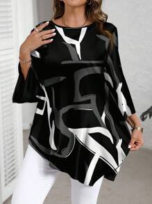 SHEIN CURVE+ Plus Size Casual Minimalist All-Over Retro Abstract Line Print Versatile Plus Size Shirt, Suitable For Spring, Summer, Autumn Chic Blouses For Women - Multicolor - View 3