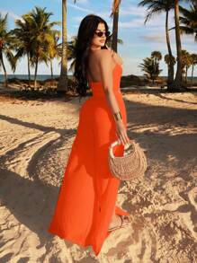 SHEIN SXY 夏季假日花卉图案挂脖阔腿高开衩白色女式连体裤 - 亮橙色 - 查看 2