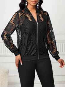 SHEIN Lady Women's Floral Mesh Long Sleeve Zip Front Casual Lightweight Baseball Jacket Lace Jacket Black Lace Jacket Lace Bomber Jacket Black Jacket Women Lace Cover Up