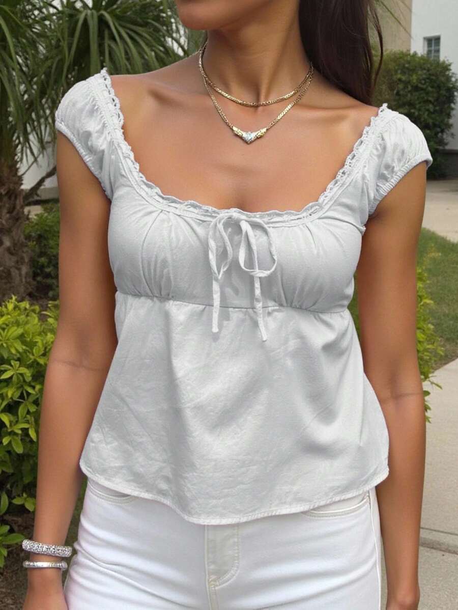 INAWLY Tie Front Ruched Bust Blouse Peplum Top - White - View 1