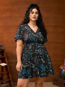 HARRY POTTER X SHEIN Vestido de manga corta con cuello en V y estampado todo sobre en talla grande, verano