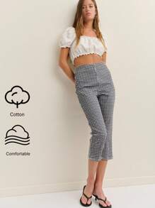 Nöista 女士格纹七分牛仔裤，度假夏季七月四日休闲风牛仔裤 - 藍色 - 查看 1