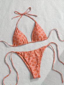Swim Mod Women Summer Beach Floral Print Halter Tie Sexy Bikini Set, Printed Pattern Randomized - Orange - View 5