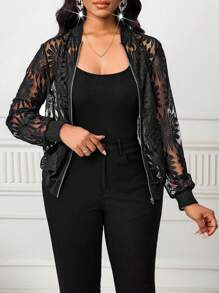 SHEIN Lady Women's Floral Mesh Long Sleeve Zip Front Casual Lightweight Baseball Jacket Lace Jacket Black Lace Jacket Lace Bomber Jacket Black Jacket Women Lace Cover Up