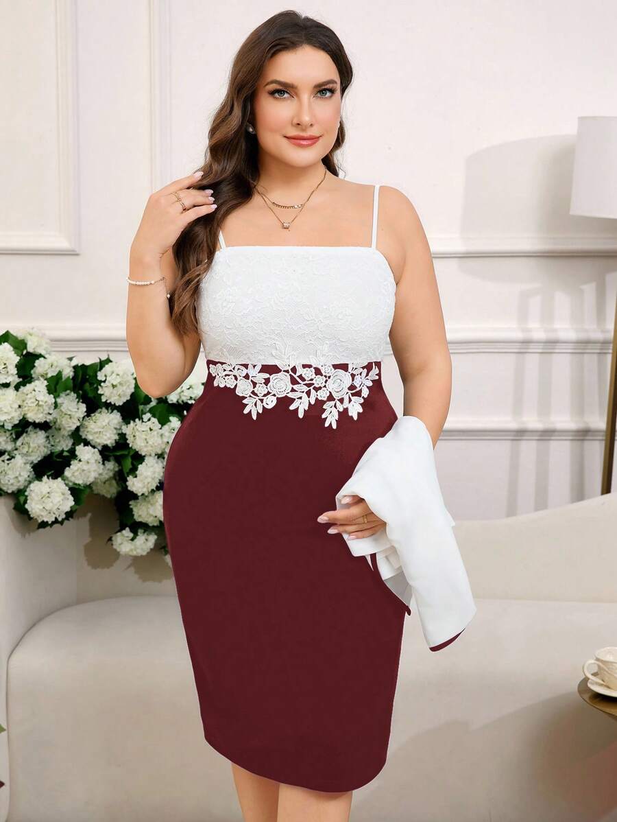 Reflora Plus Size 2pcs Set - Elegant Lace Patchwork Slip Dress And Contrast Trim Cardigan Set - Burgundy - View 1