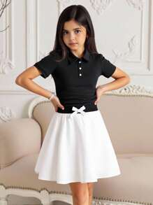 Tween Girl Casual Comfort T-Shirt With Collar And Contrasting Color Splicing A-Line Skirt 2-Piece Set