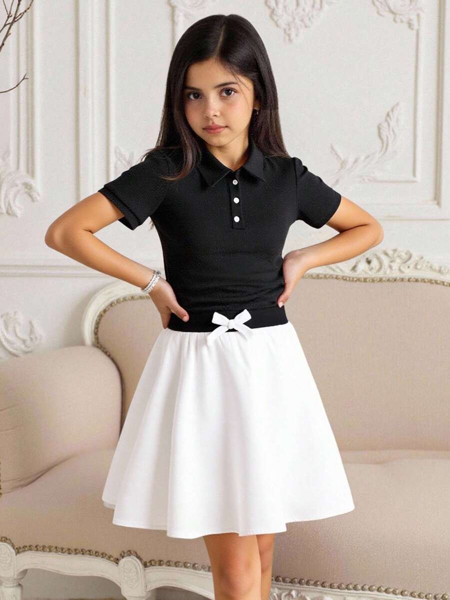Tween Girl Casual Comfort T-Shirt With Collar And Contrasting Color Splicing A-Line Skirt 2-Piece Set