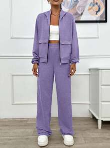 EURMUSE TWO PIECES TWO THREAD LIGHT GREY HOODIE SWEATSHIRT AND SWEATPANT WITH SPARKLE STONE DETAIL - Lilac Purple - View 3
