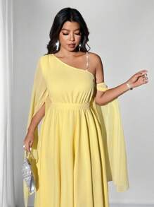 Viva Relle Vestido de gasa con mangas abullonadas, hombros asimétricos y decoración de diamantes, para invitado de boda, elegante para fiesta de noche, talla grande