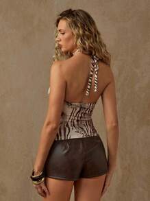 Glamine Women's Summer Sexy Backless Zebra Print Halter Blouse, Lace Patchwork Y2K Western Vintage Top