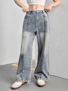 Jeans rectos holgados de pierna ancha lavados para niñas con costuras de contraste, casual y versátil para uso diario, diseño sencillo y de moda