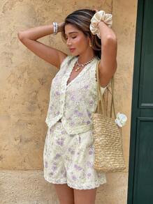 Serisse 2pcs Women Casual Front Button Sleeveless Top And Shorts Set, Summer