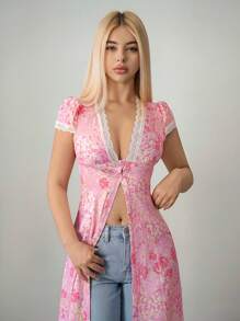 Sweetina Vintage Floral Print Long Slit Hem Women Shirt - Pink - View 1