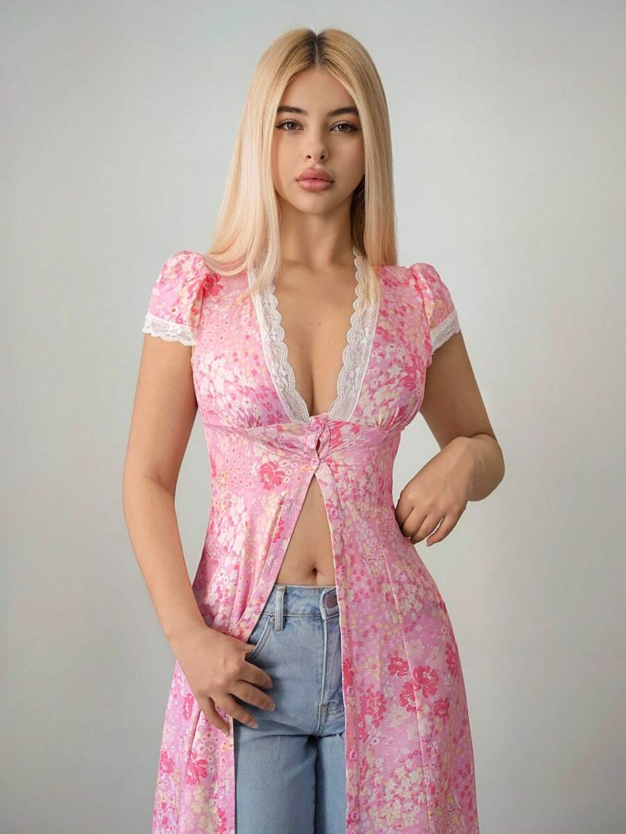 Sweetina Vintage Floral Print Long Slit Hem Women Shirt - Pink - View 1