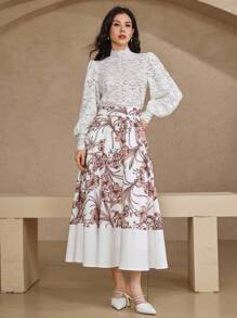 DAZY Elegant Mixed-Color Floral Print Patchwork Women's A-Line Skirt - Khaki - View 5