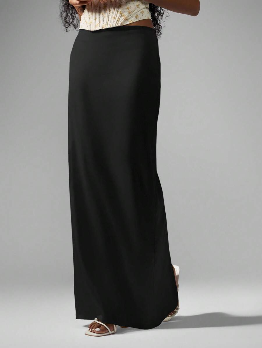 MISSGUIDED 优雅缎面长裙高腰及地长款晚礼服侧开衩长款直筒婚礼宾客秋冬半身裙 - 黑色 - 查看 1