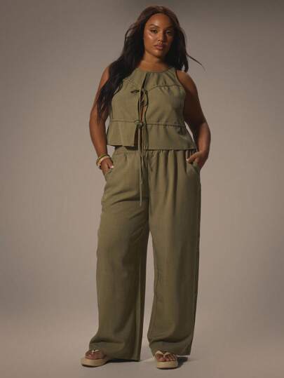 MUSERA Plus Size Women Mid Rise Elasticated Waist Straight Leg Linen Look Trousers Holiday Swim Sexy Romantic Elegant Vanilla Move On Autumn Winter Fall