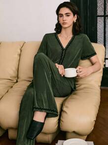 Women's Casual Minimalist Contrast Color Strap Short Sleeve Pants Pajama Set - Dark Green - View 4