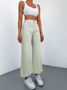 SHEIN Cottnline 100%纯棉高腰阔腿牛仔裤 - 薄荷綠 - 查看 3
