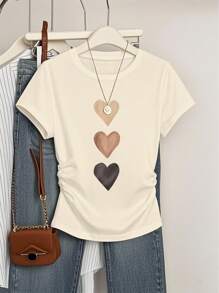 INAWLY 女式休闲可爱心形印花侧褶短袖 T 恤，夏季