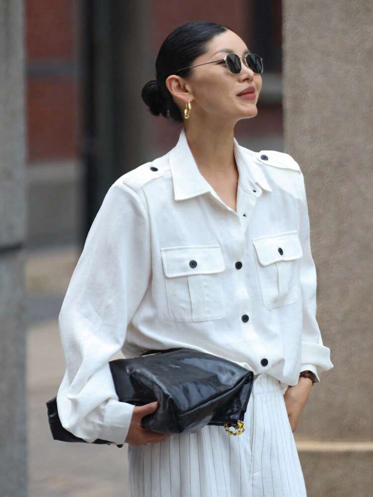 Women's Contrast Color Button Decor Vintage Look Loose Long Sleeve Shirt, Spring/Summer