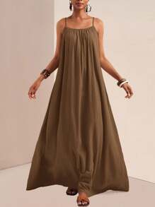 Zivah 2025年夏季新品 音乐节,复活节,圣帕特里克节,西部风,游牧风,生日派对,毕业典礼,学生装,休闲日常装,百搭搭配,休闲,度假,邮轮旅行,海滩,日光浴,时尚,细肩带,可调节扣,垂直纹理,宽松版型,卡其色女装 - 棕色 - 查看 8