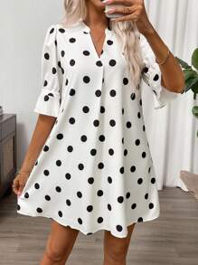 SHEIN Clasi 女式夏季圆点印花V领休闲迷你连衣裙 - 黑與白 - 查看 4