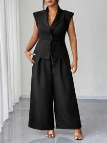 Elenzga Plus Size Women's Elegant Business Casual Commuting Daily Wear Blazer Jacket & Wide Leg Pants 2 Pieces Set - Black - View 6