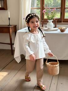 SHEIN Vintaside Kids 1 套女婴休闲白色泡泡领衬衫和卡其色宽松裤，秋季 - 杏色 - 查看 1