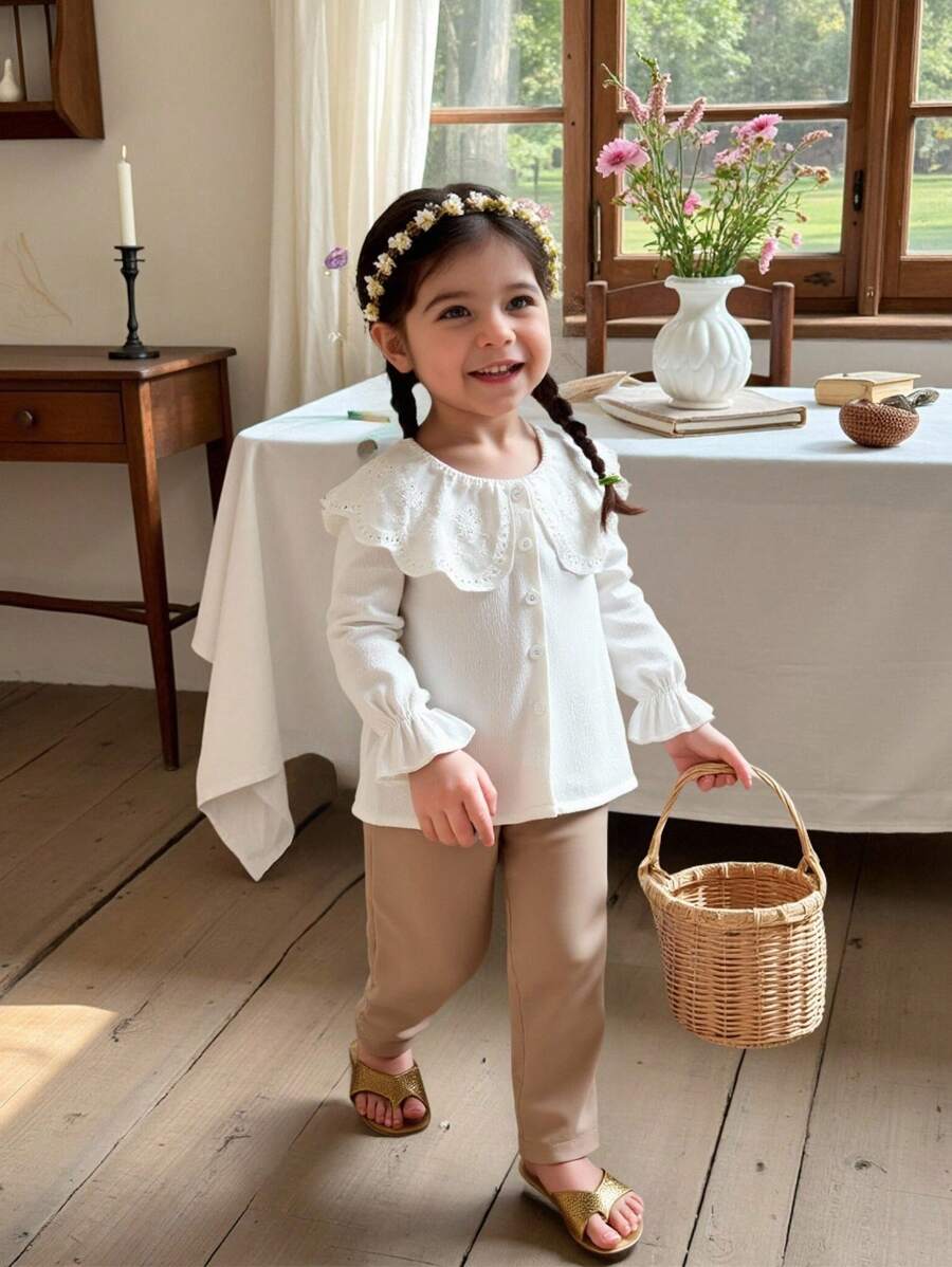 SHEIN Vintaside Kids 1 套女婴休闲白色泡泡领衬衫和卡其色宽松裤，秋季 - 杏色 - 查看 1