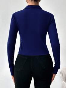 RueChic Polo Neck Ribbed Knit Tee - Navy Blue - View 2