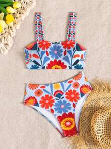 Swim Vcay Traje de baño de 2 piezas de mujer de cintura alta con pantalones cortos de impresión aleatoria, de correas anchas y ajustado, para verano, sexyi, de vacaciones y playa