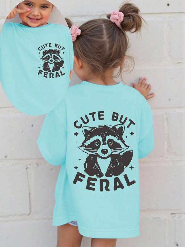 Baby Girls Casual Fashion Comfortable Cute Raccoon & Letter Print Short Sleeve T-Shirt, Stylish Summer Top