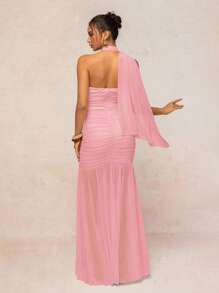 Lumalex Váy dài nữ có khăn quàng cổ, lưới mỏng, ngực nhún, chân váy bồng bềnh - Hồng - Xem 2