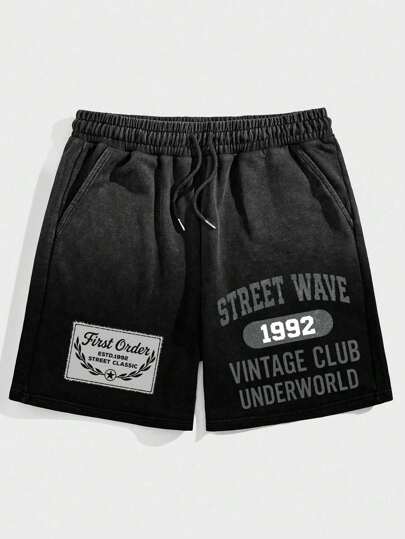Street Life Shorts sueltos de estilo callejero casual para hombres con estampado de letras y números, cintura con cordón y bolsillos sesgados, para verano