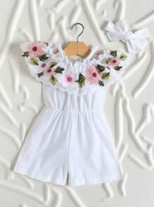 SHEIN Vintaside Kids Mono Con Ribete De Volantes Y Bordado Floral Para Bebé Niña