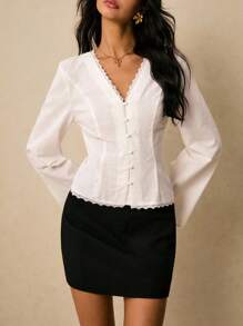 Poéselle 女士优雅纯色蕾丝边衬衫，外出上衣，可爱衬衫，刺绣上衣，纽扣衬衫，度假装，复古风，优雅女士，夏秋两季，秋季女装 - 白色 - 查看 4