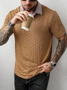 Manfinity Homme Men's Summer Casual Plaid Panel Polo Shirt Brown Polo Shirts For Men Brown Tops For Men Men Brown Textured Polo Shirt Men Casual Brown Shirt Polo Shirts With Patterned Collar - Multicolor - View 6