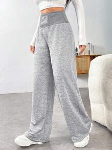 SHEIN Explorewe Teen Girl Casual Street Chic High Waisted Elastic Waist All-Match Sweatpants, Floral Grey