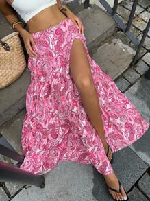 SHEIN Unity 女式夏季性感度假波西米亚风佩斯利印花多层下摆高开衩裙 - 粉色 - 查看 7