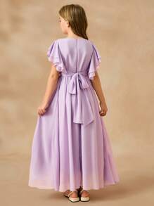 SHEIN Váy voan xếp nếp bồng bềnh cho bé gái, váy trang trọng cho phù dâu/phù dâu trong đám cưới, tiệc tùng, sinh nhật, biểu diễn - Màu tím hoa cà - Xem 2