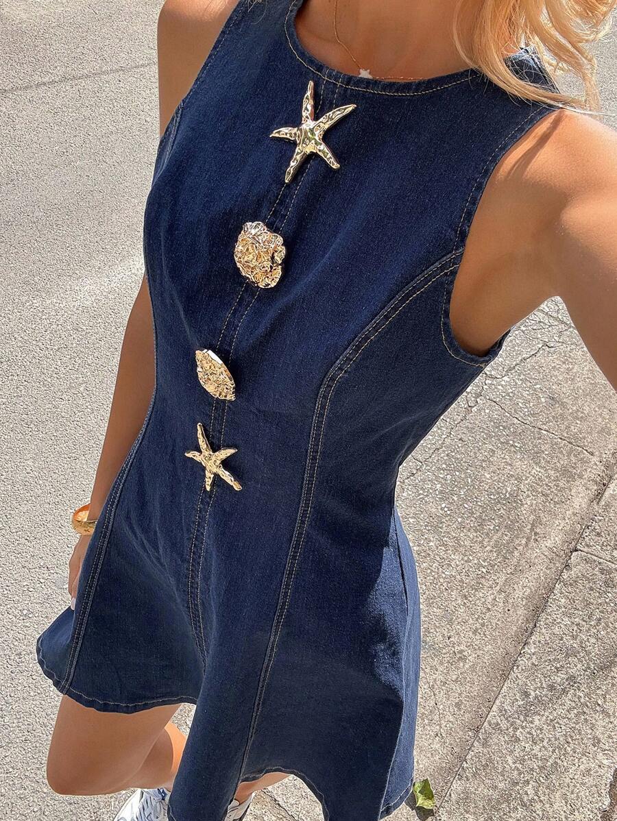SHEIN EZwear Women's Autumn Metal Button Decorated Sleeveless Waist Mini Denim Dress, Suitable For Daily Street Wear, Vintage, Streetwear